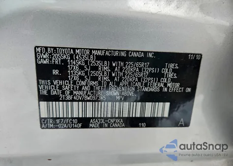 2011 Toyota Rav4 z USA, uszkodzony, nr VIN 2T3BF4DV7BW097345